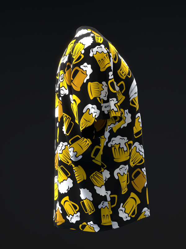 Black bowling jersey with gold and white beer mug pattern, front view