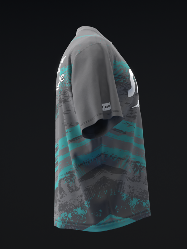 Gray and teal bowling jersey with distressed texture pattern, side view