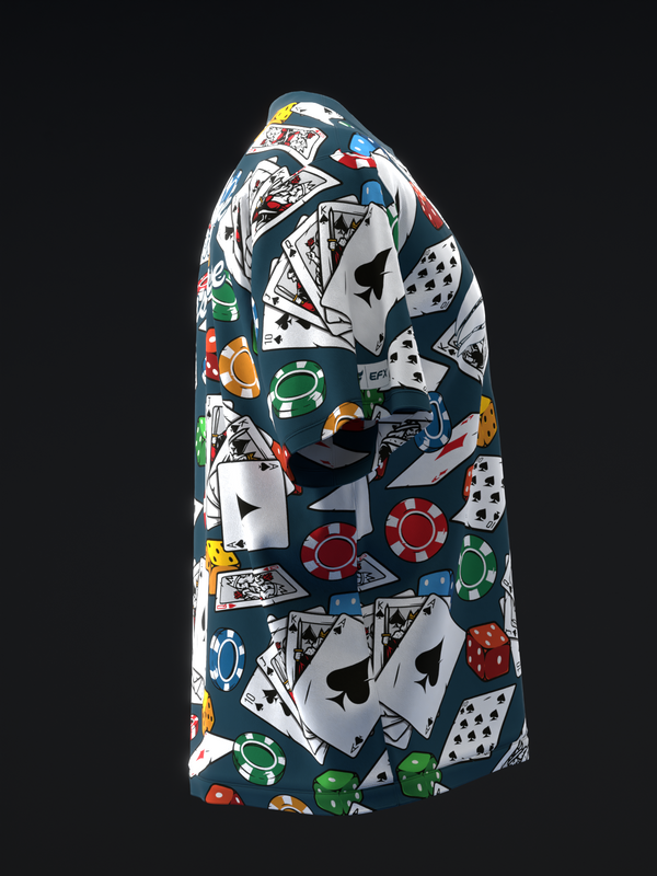 Navy bowling jersey with playing cards, casino chips, and dice pattern