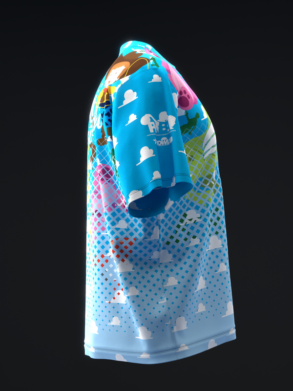Light blue bowling jersey with white clouds and colorful geometric patterns on sleeves, displayed on mannequin