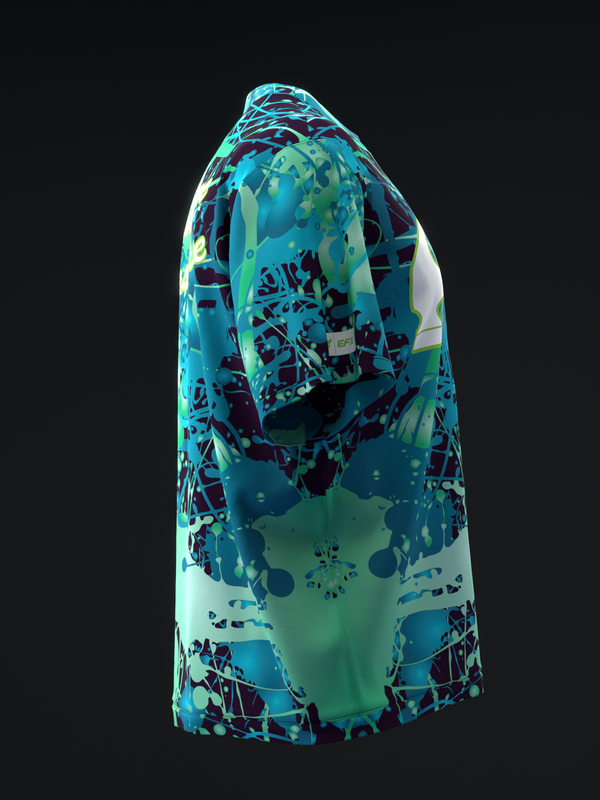 Bowling jersey with teal, navy, and mint splatter pattern design, side view