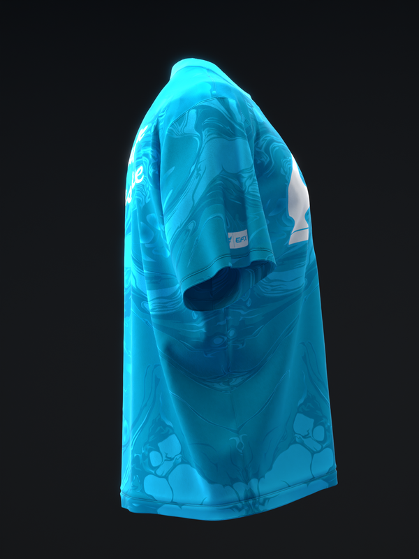 Bright blue bowling jersey with abstract swirl design and white accents, side view