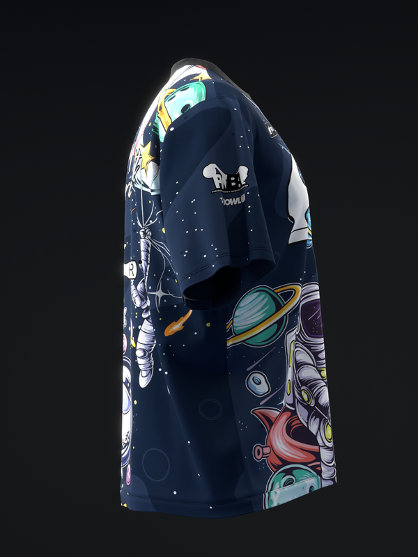 Navy bowling jersey with space-themed graphic design featuring astronaut and planets