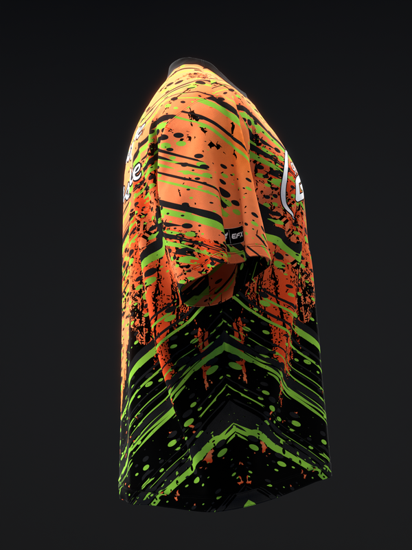 Bowling jersey with neon orange, yellow, green, and black abstract splatter design