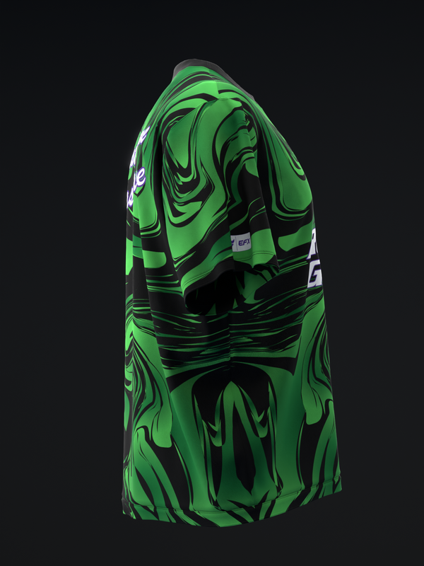 Green and black bowling jersey with abstract swirl pattern, front view