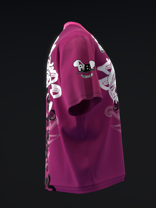 Magenta bowling jersey with white airbrushed floral graphics on sleeves, back view
