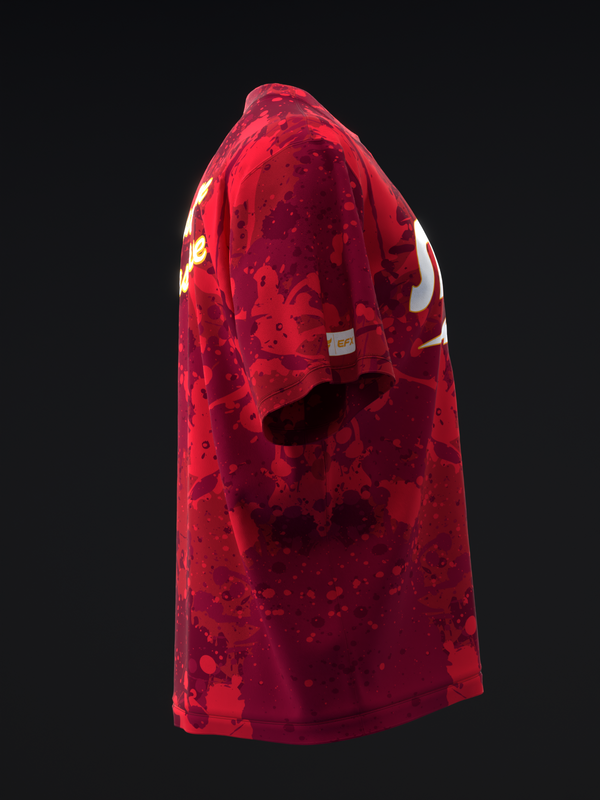 Red bowling jersey with splatter pattern and white shoulder accents, side view