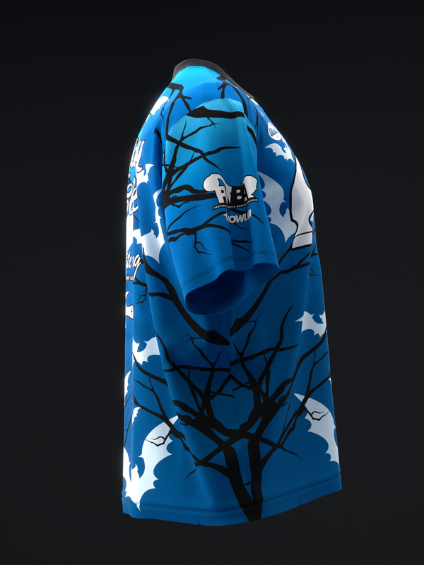Blue bowling jersey with black branches, white stars, and owl graphic details