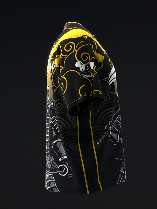 Black bowling jersey with yellow and white ornamental samurai graphic design