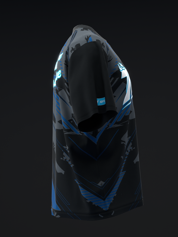 Black bowling jersey with blue and gray geometric design, front view