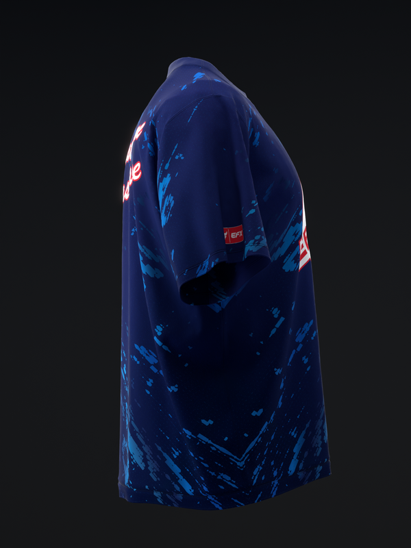 Dark blue bowling jersey with bright blue splatter pattern and red accents, back view