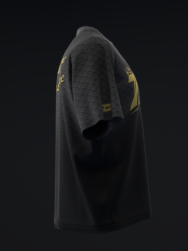Black bowling jersey with gold graphics and quilted shoulder panel, side view