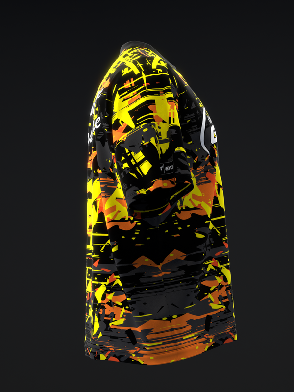 Black bowling jersey with yellow and orange geometric pattern, front view