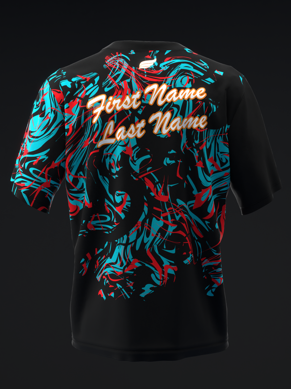Black bowling jersey with red and cyan abstract swirl pattern, front view