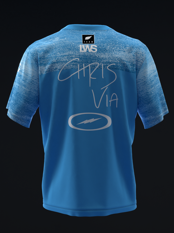Blue bowling jersey back view with Chris Via signature and logo graphic