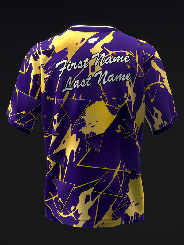 Purple and gold bowling jersey back with abstract lightning bolt pattern and personalization