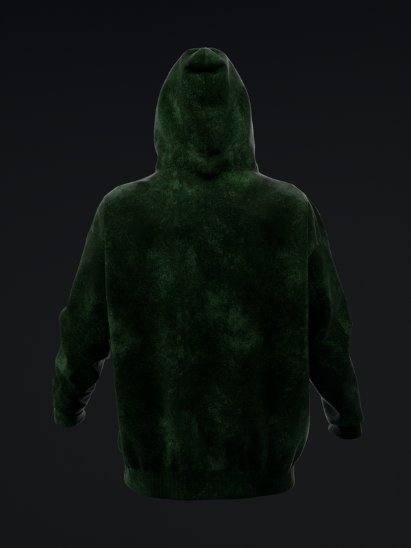 Dark green velvet pullover hoodie with distressed texture, back view