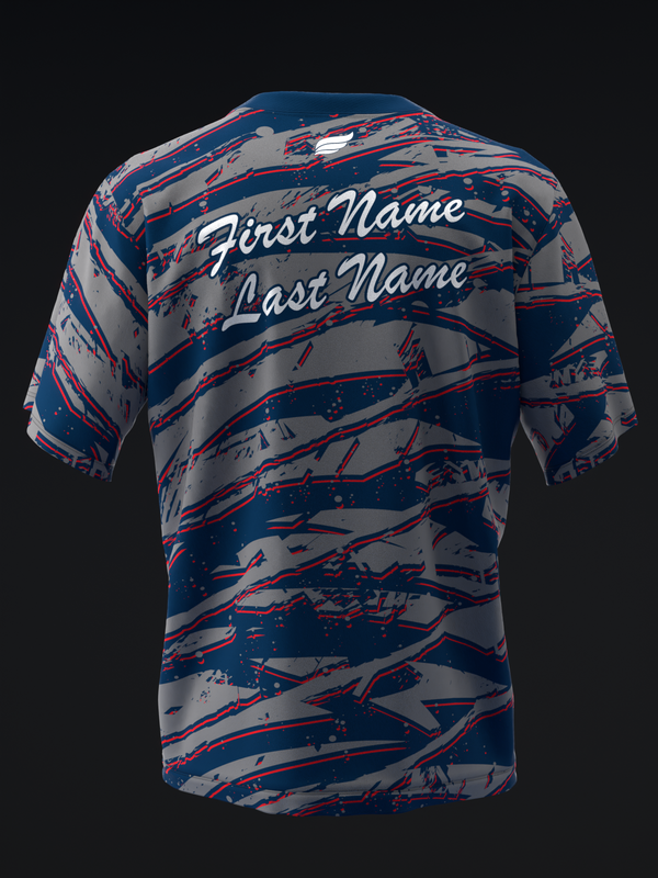 Back view of bowling jersey with blue, gray, and red diagonal stripe pattern and personalization text