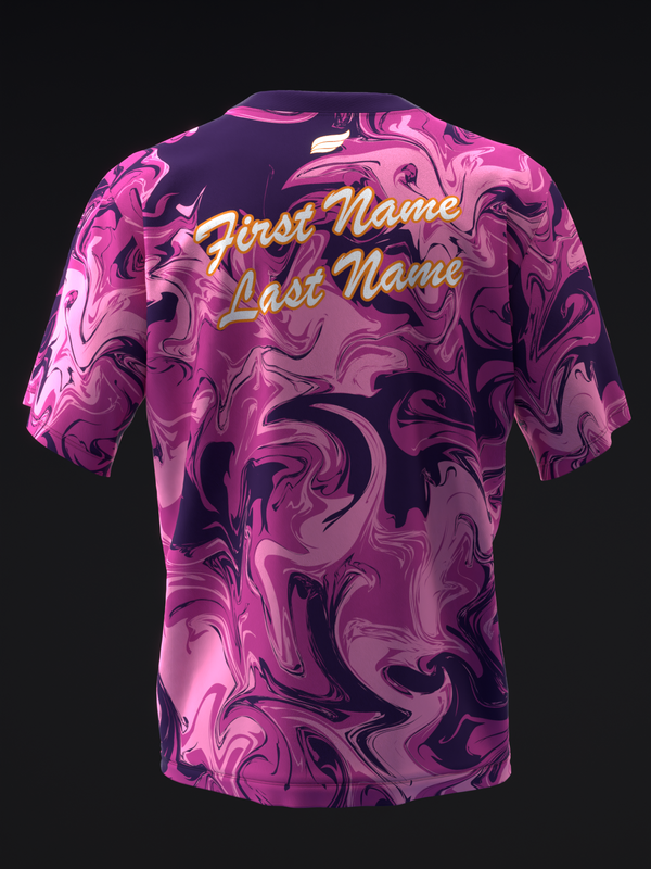 Back view of pink and purple marbled bowling jersey with personalized text