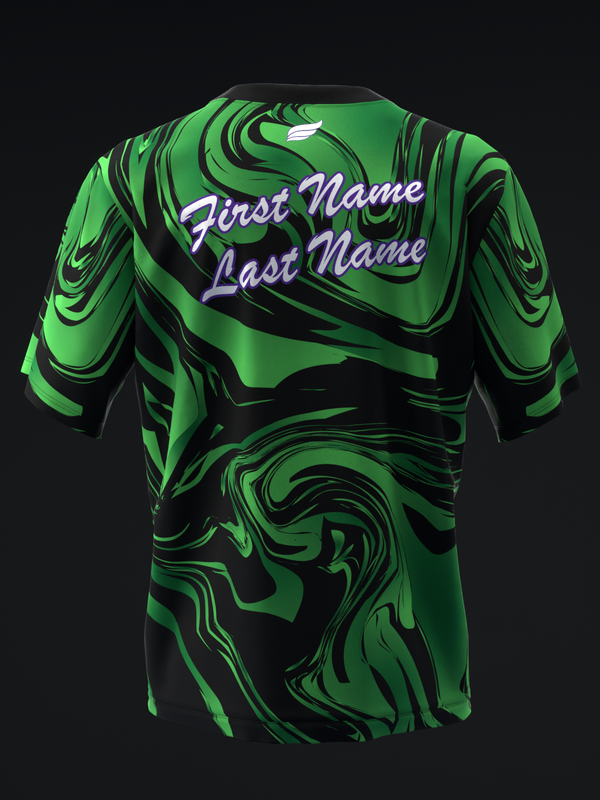 Green and black swirled bowling jersey back view with personalized name text
