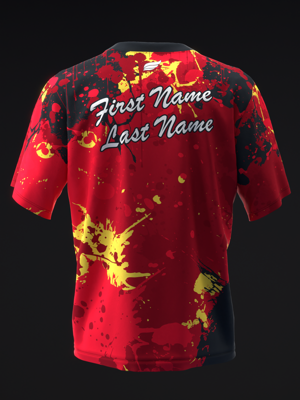 Red and black bowling jersey with yellow splatter design and personalization text on back
