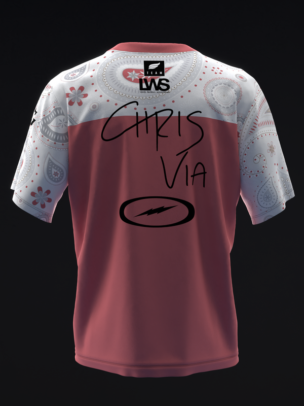 Burgundy and white bowling jersey with paisley pattern and handwritten text back view