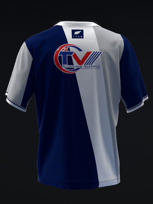 Navy and white bowling jersey with red and blue logo graphic on back