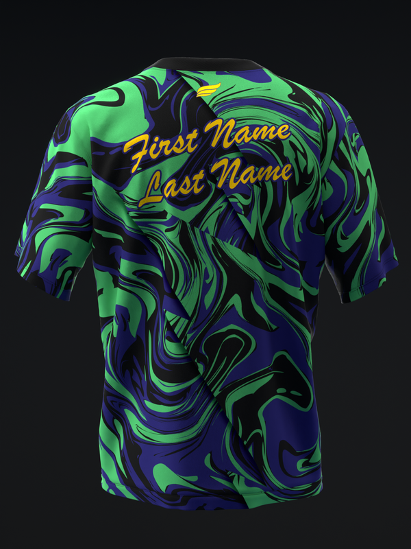 Bowling jersey with bright neon green, navy, and yellow swirled pattern, back view with personalization text