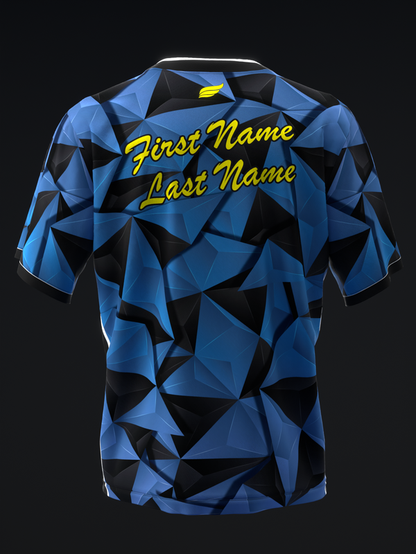 Blue and black geometric bowling jersey with yellow personalization text front view