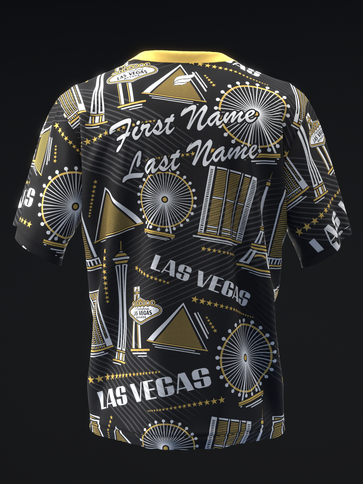 Black bowling jersey with gold Las Vegas landmarks and personalization text