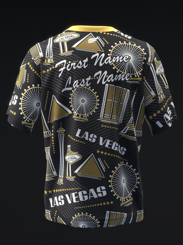 Black bowling jersey with gold Las Vegas landmarks and personalization text