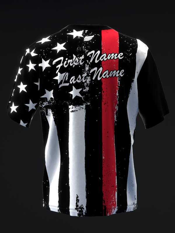 Black bowling jersey with distressed American flag design and personalization lines