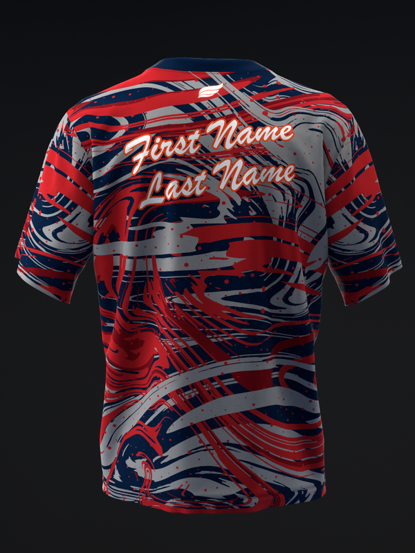 Red, navy, and gray bowling jersey with abstract swirl pattern and personalization text
