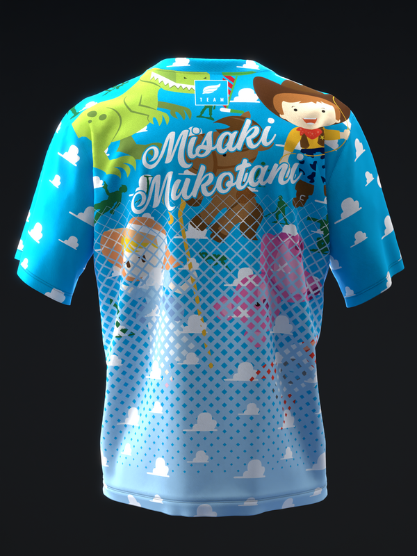Blue bowling jersey with toy-themed graphics and cloud pattern throughout
