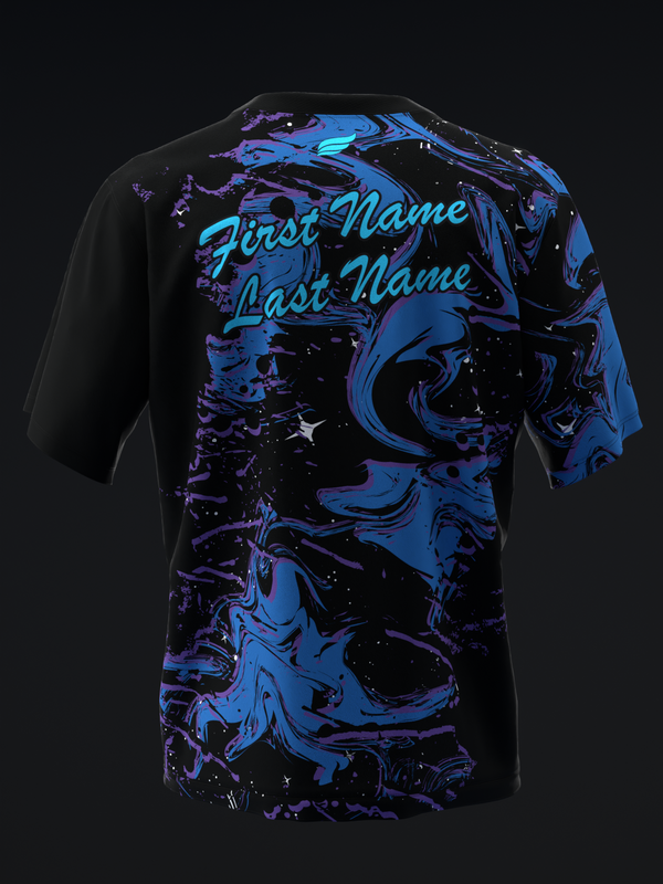 Black bowling jersey with blue and purple swirled abstract graphic and personalization text back view