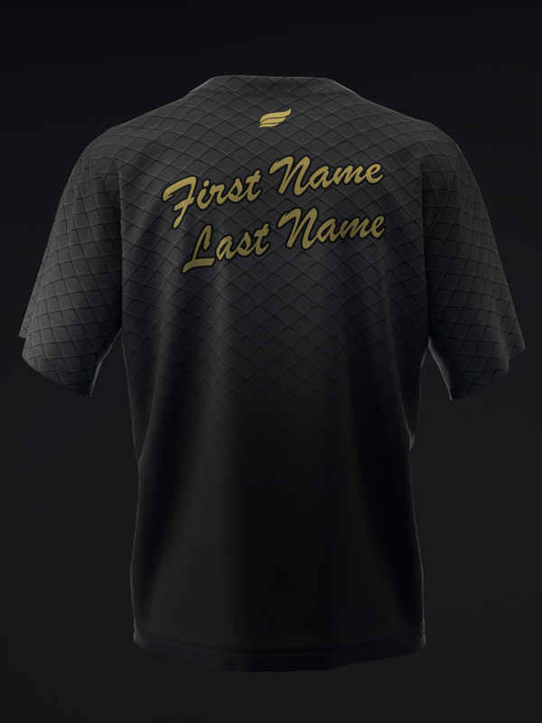 Black bowling jersey back view with gold script text and quilted shoulders