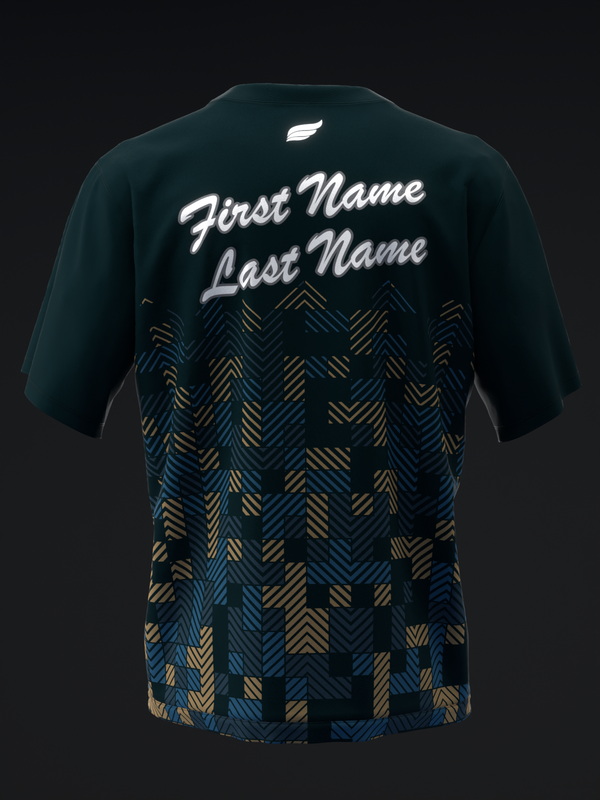 Dark teal bowling jersey back view with personalized names and geometric patterned lower half