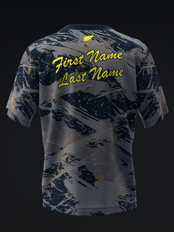 Gray bowling jersey with navy and gold splatter pattern, back view with personalization