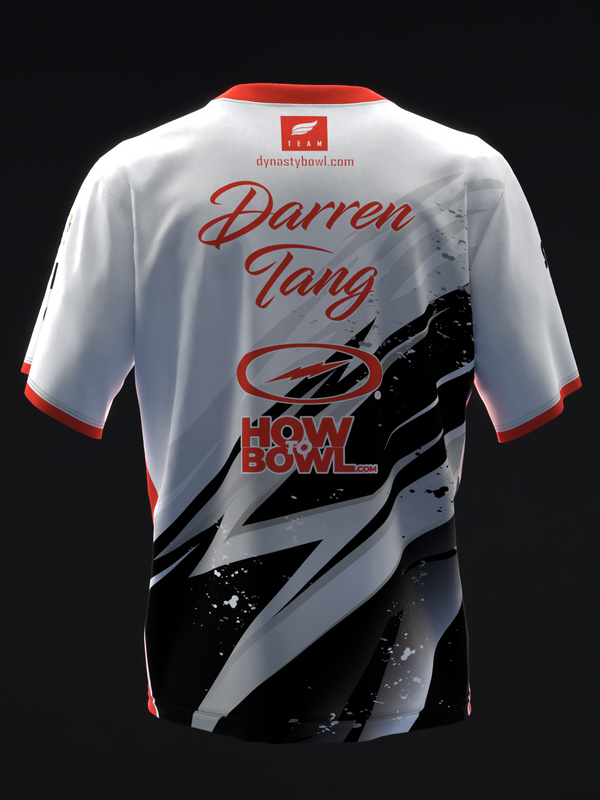 White and red bowling jersey back view with black graphic and personalized name