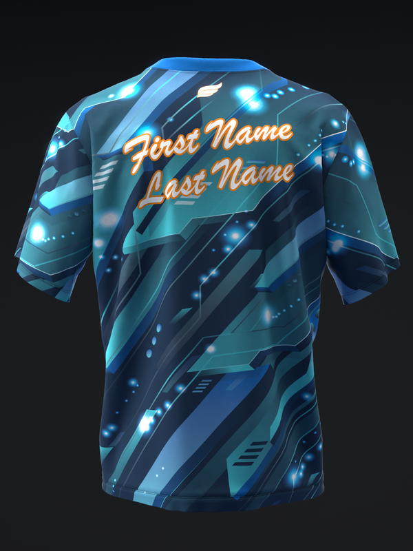 Back view of bowling jersey with dark blue geometric design and orange personalized name text
