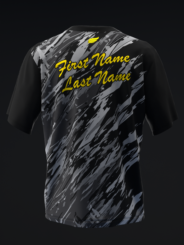 Black bowling jersey with gray brushstroke pattern and yellow name text back view