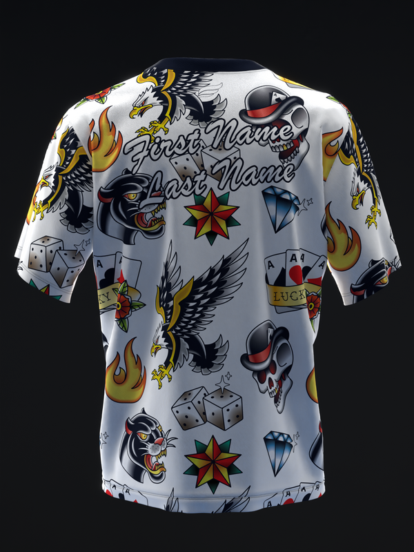 White bowling jersey with traditional tattoo flash sheet graphics and motifs throughout