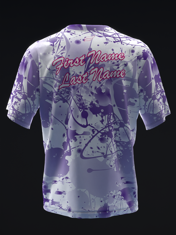 Purple and white abstract splatter bowling jersey back view with personalization text