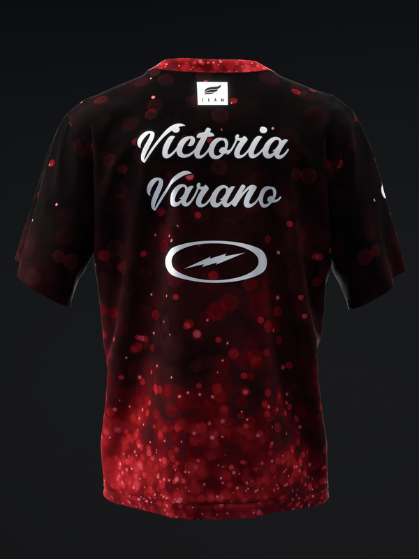 Black and red bowling jersey with Victoria Varano text and bokeh pattern, front view