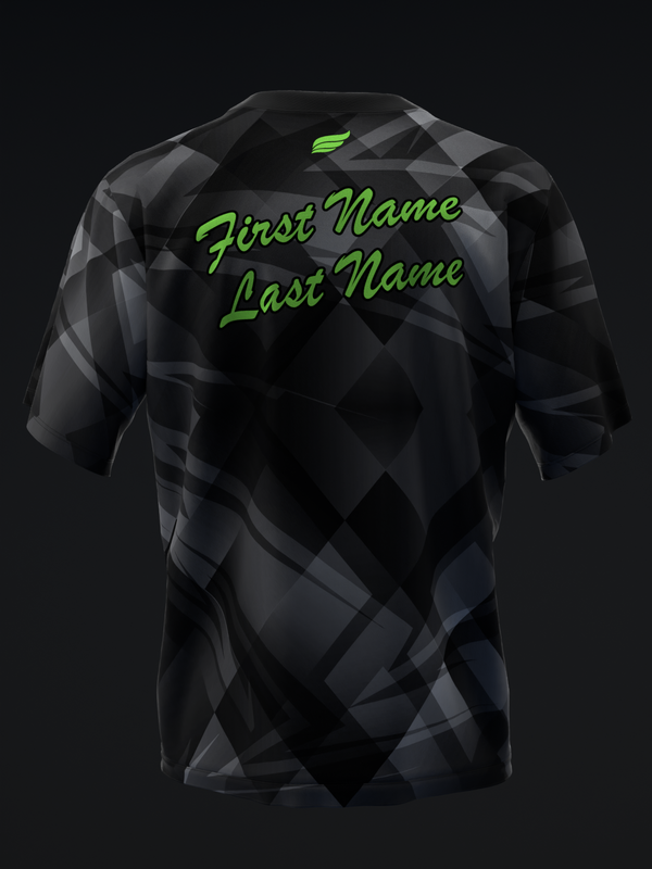 Black bowling jersey with gray geometric pattern and lime green personalized text