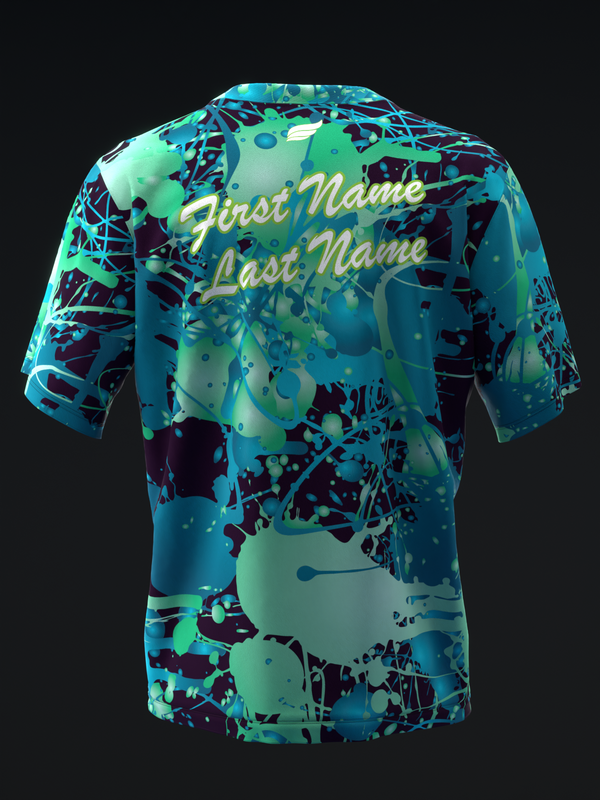 Bowling jersey back view with cyan, teal, and dark splatter pattern design