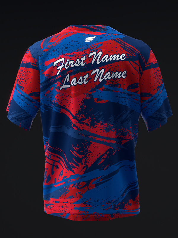Bowling jersey back view with red and blue abstract splatter pattern and personalized name text