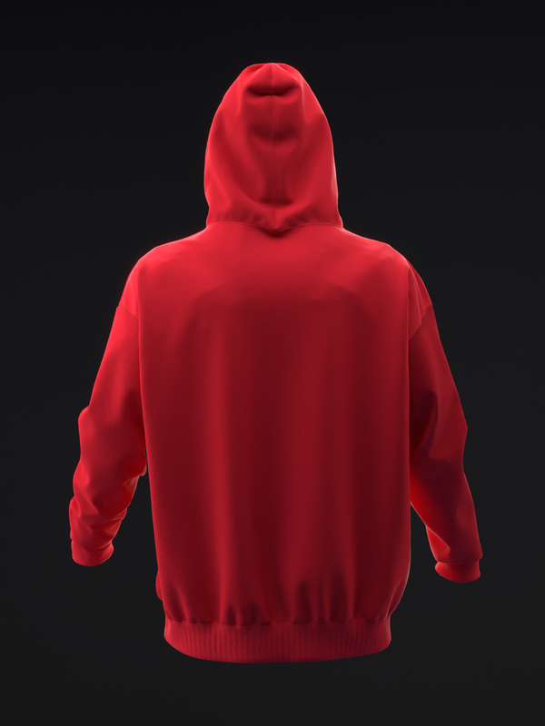 Red pullover hoodie with kangaroo pocket, back view against dark background