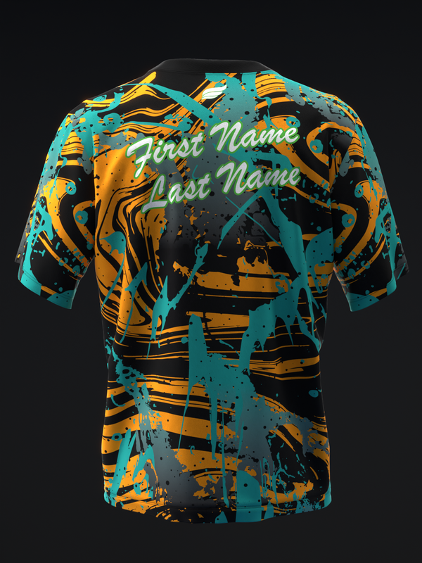 Bowling jersey front view with turquoise, orange, black abstract splatter pattern and personalization text