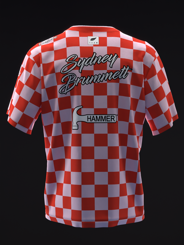 Red and white checkerboard bowling jersey with Sydney Brummett and Hammer graphics